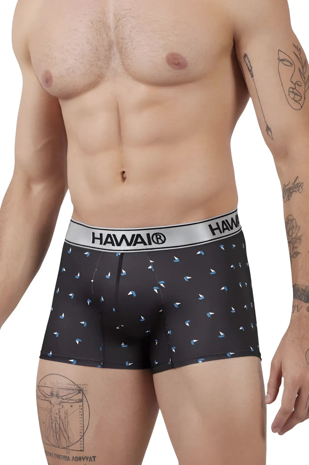 Black hawaiian boxer briefs in microfiber with light blue sailboat pattern and silver hawaii branded waistband