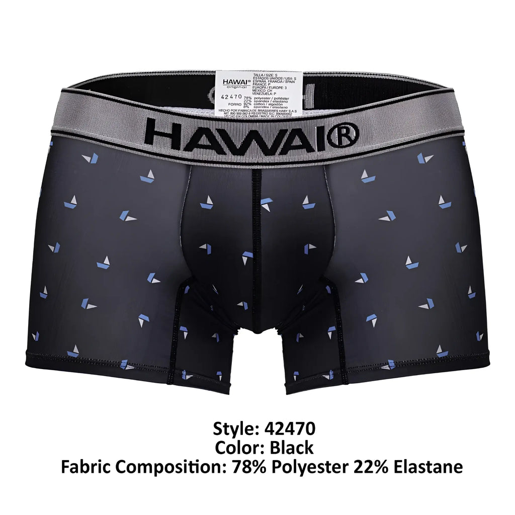 Black hawaiian-themed HAWAIR 42470 printed microfiber boxer briefs in black with light blue sailboat pattern