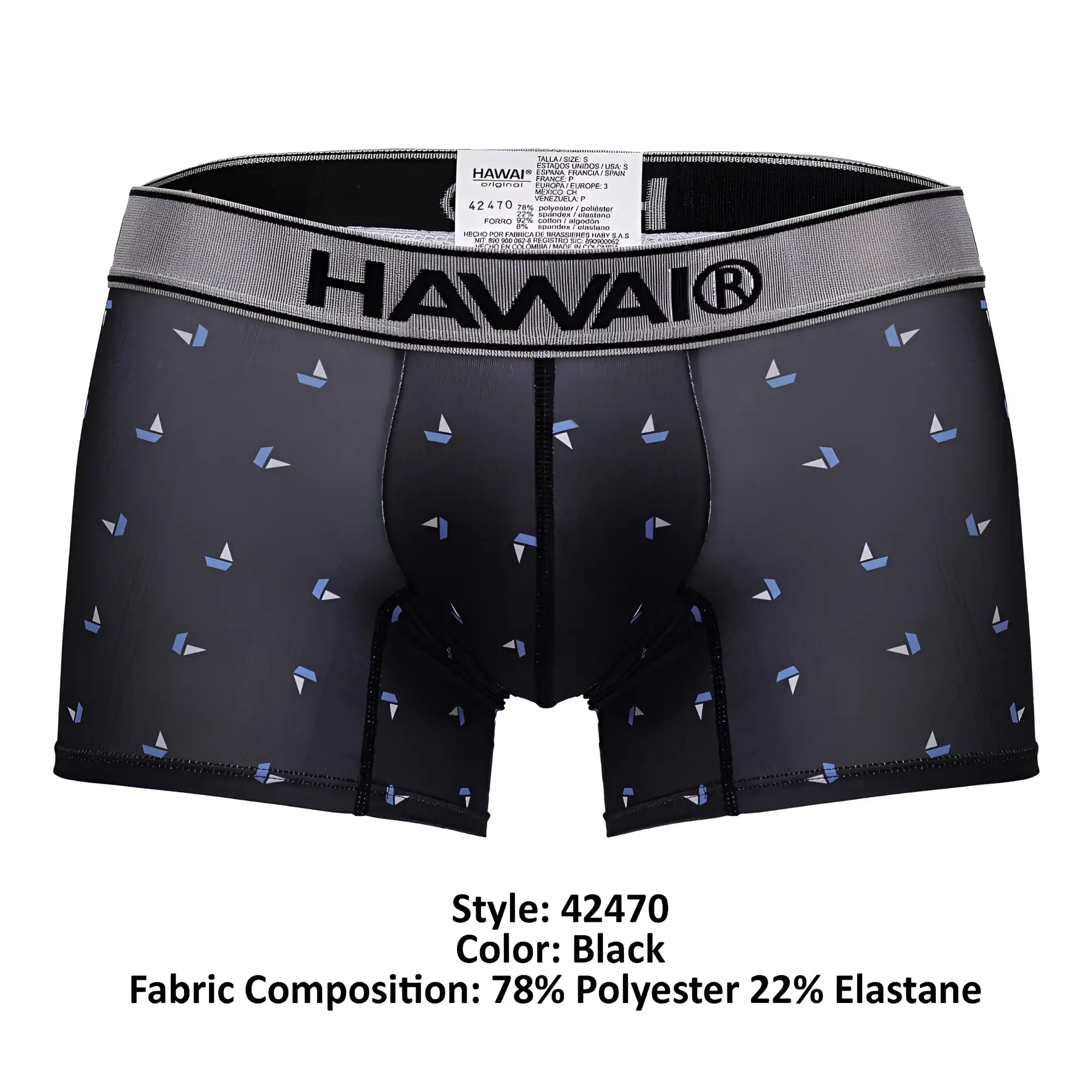 Black hawaiian-themed HAWAIR 42470 printed microfiber boxer briefs in black with light blue sailboat pattern