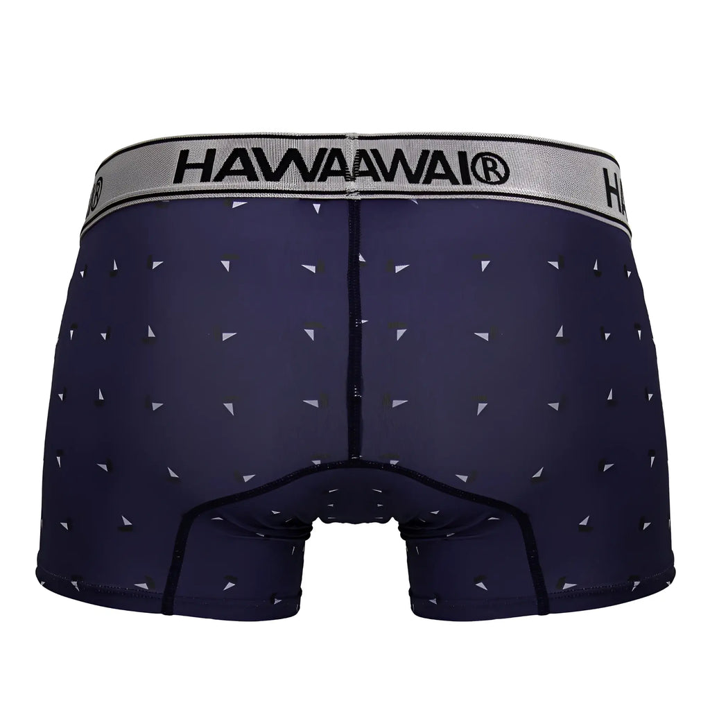 Navy blue hawaiawai printed microfiber trunks with white black triangle pattern and gray waistband in front view