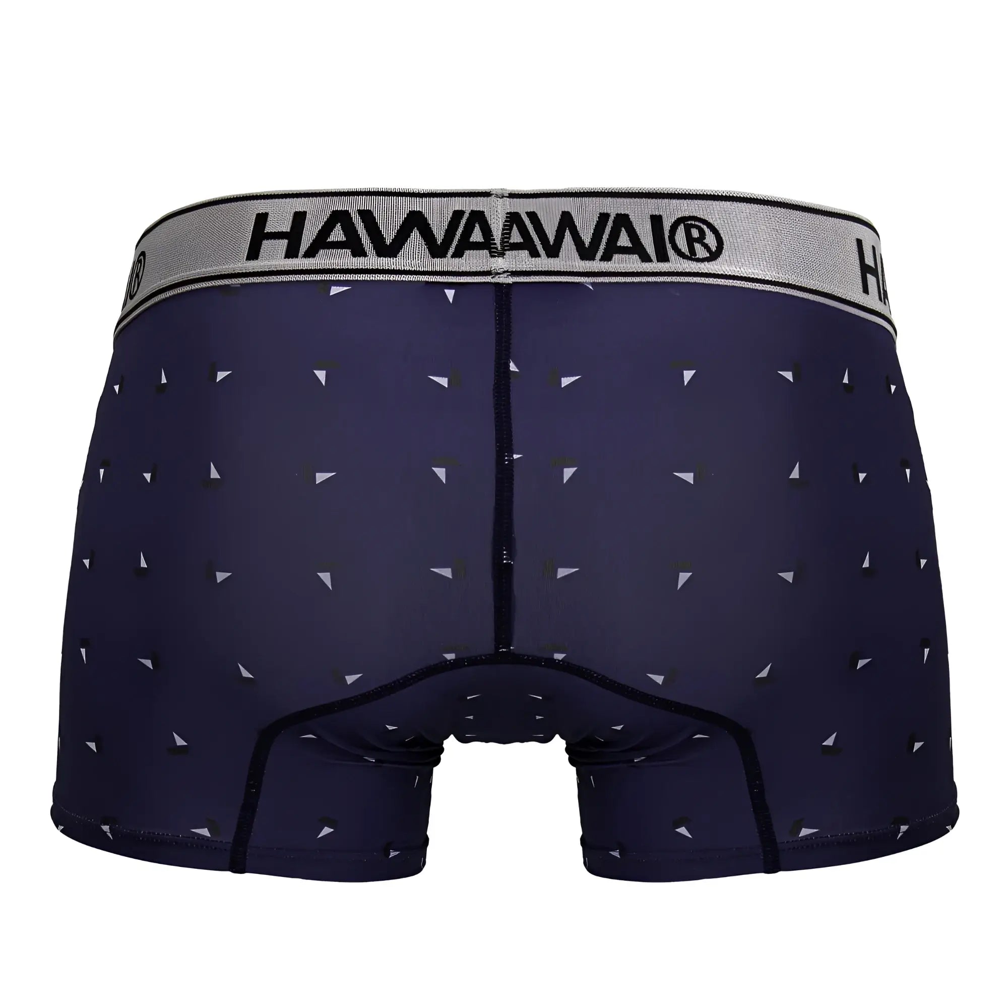Navy blue hawaiawai printed microfiber trunks with white black triangle pattern and gray waistband in front view