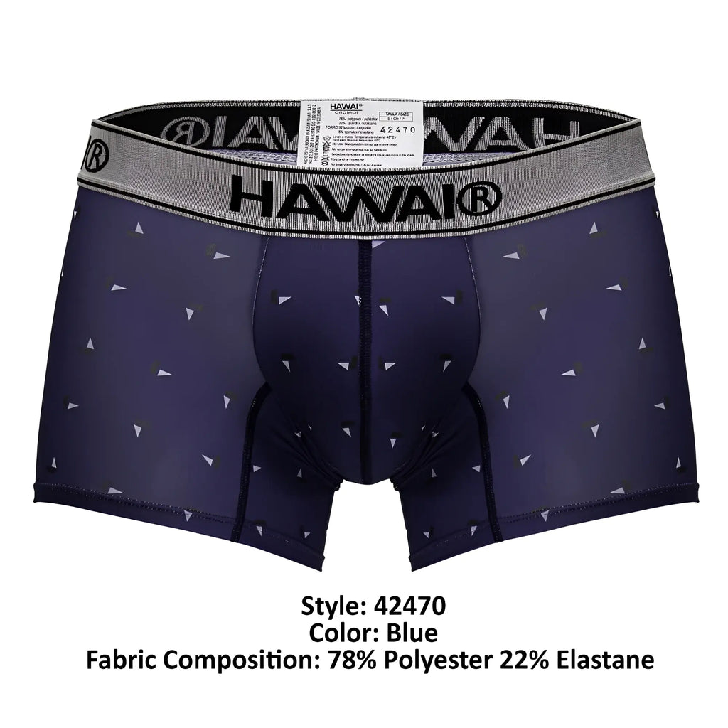 Navy blue hawair 42470 printed microfiber trunks with small white triangles and gray waistband for comfortable wear