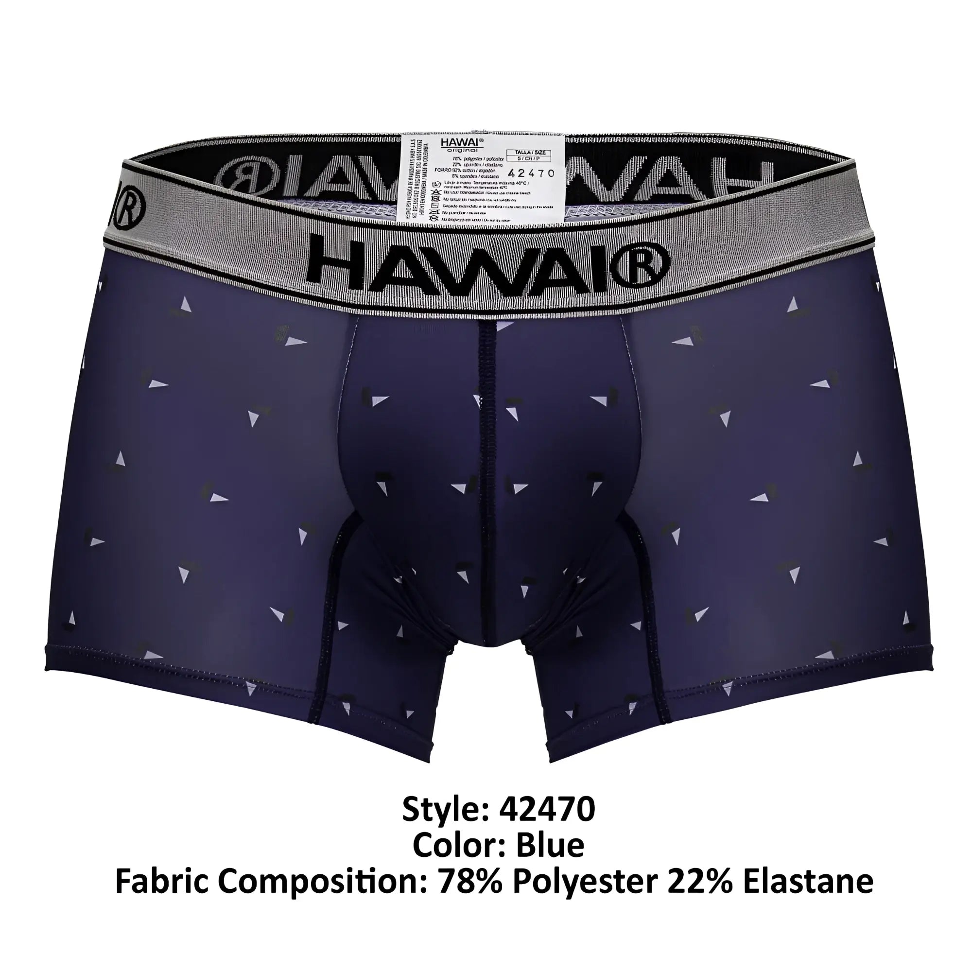 Navy blue hawair 42470 printed microfiber trunks with small white triangles and gray waistband for comfortable wear