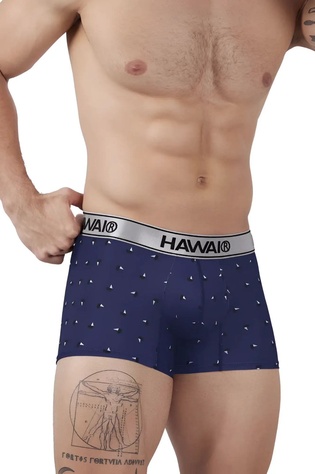 Navy blue Hawaair 42470 printed microfiber trunks with white triangle pattern and silver waistband featuring brand name