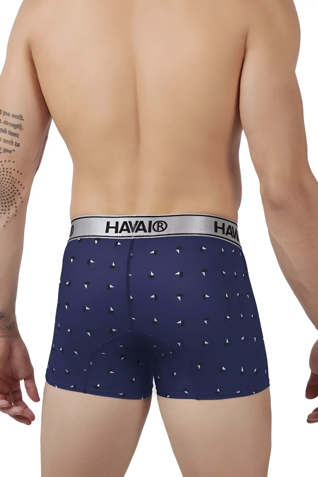 Navy blue hawaair 42470 printed microfiber trunks with white triangle pattern and silver waistband for comfortable wear