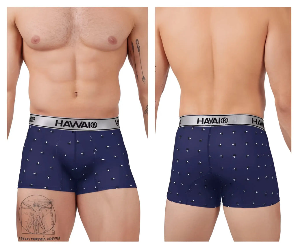 Navy blue Havai boxer briefs with subtle white triangles and a silver waistband featuring the brand name