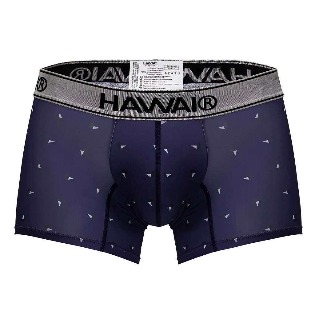 Navy blue hawai® boxer briefs with white and gray triangle pattern made from printed microfiber fabric