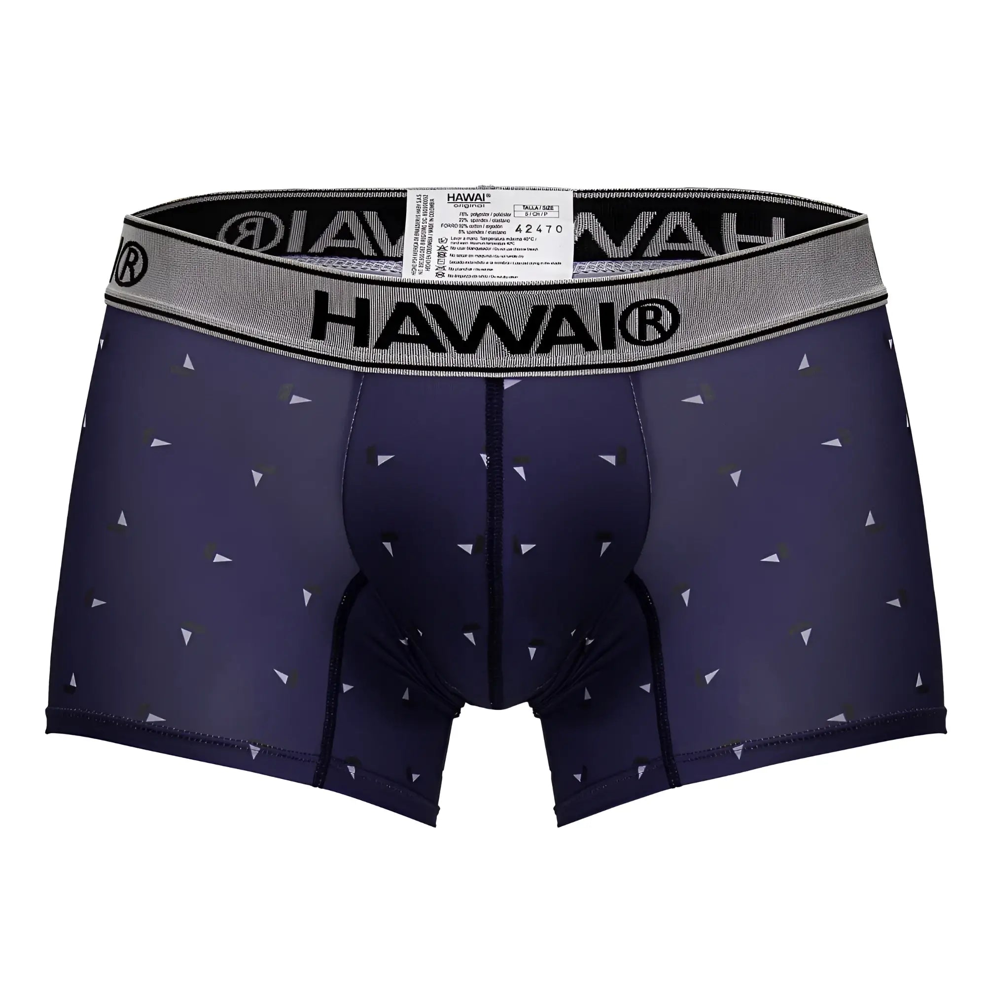 Navy blue hawai® boxer briefs with white and gray triangle pattern made from printed microfiber fabric