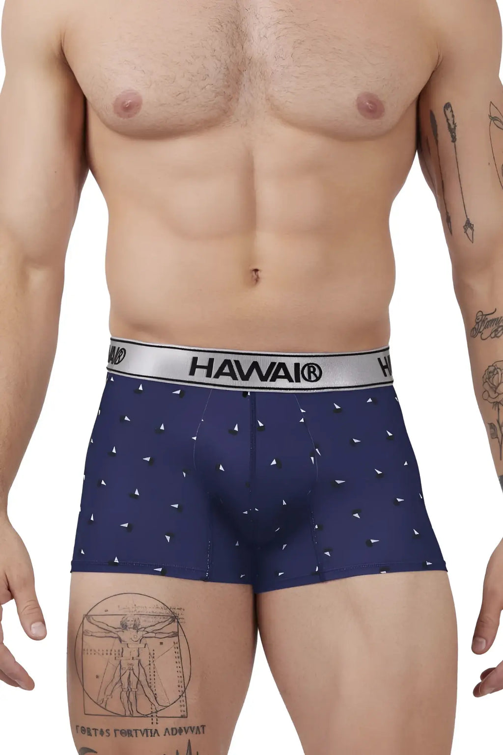 Navy blue hawair 42470 printed microfiber trunks with white triangle pattern and silver waistband for men