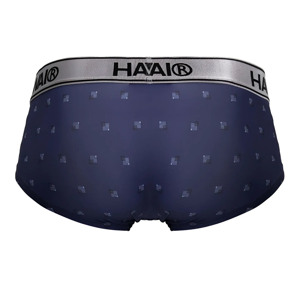 Navy blue haai men’s briefs with subtle geometric pattern and silver waistband made of printed microfiber