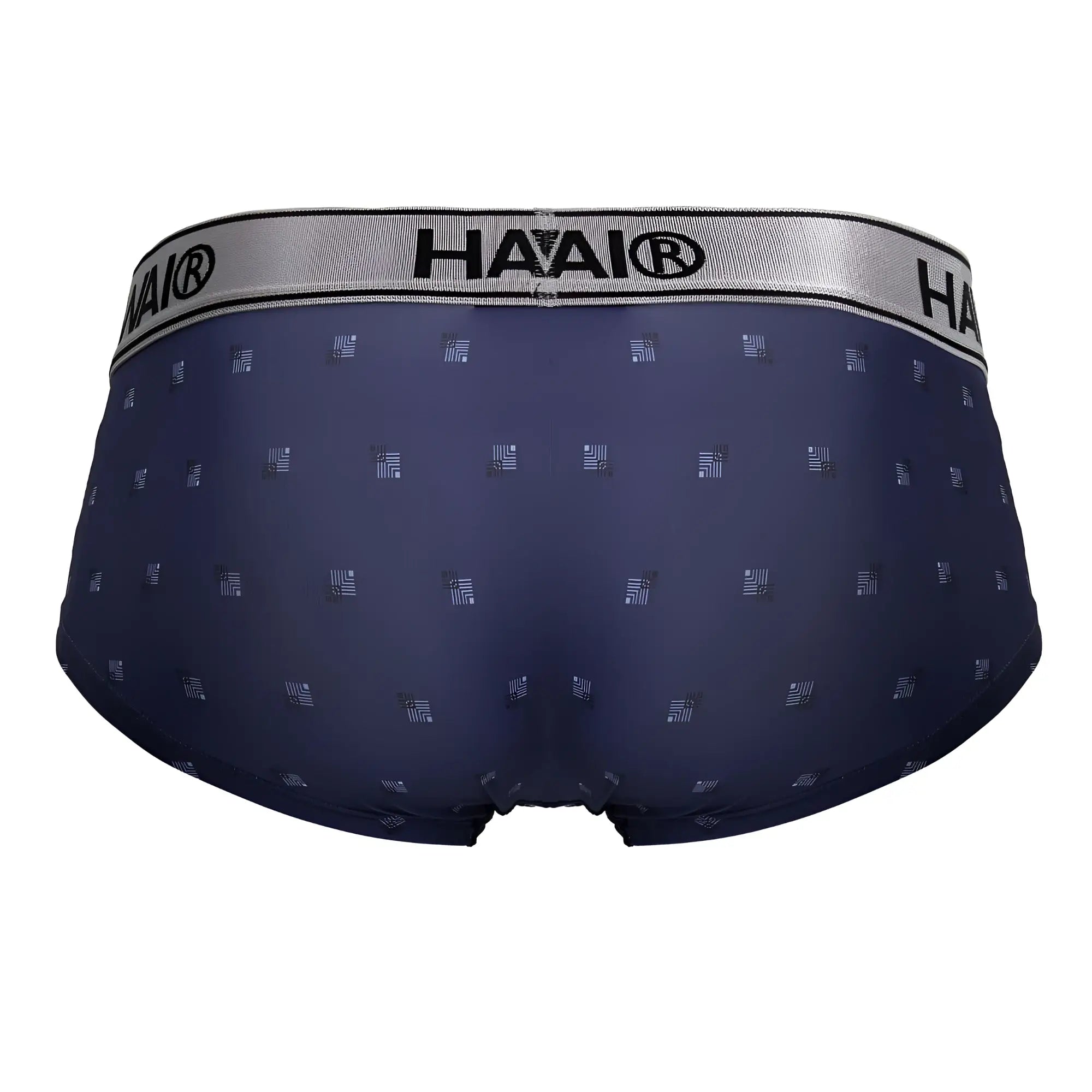 Navy blue haai men’s briefs with subtle geometric pattern and silver waistband made of printed microfiber