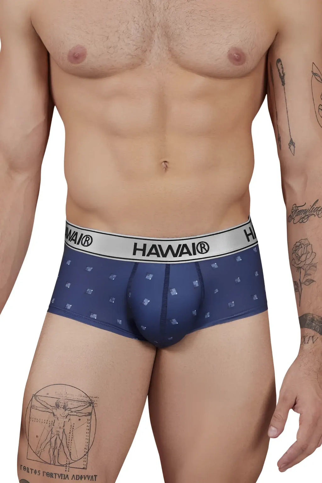 Navy blue hawai boxer briefs with a subtle geometric pattern and a white elastic waistband made of microfiber