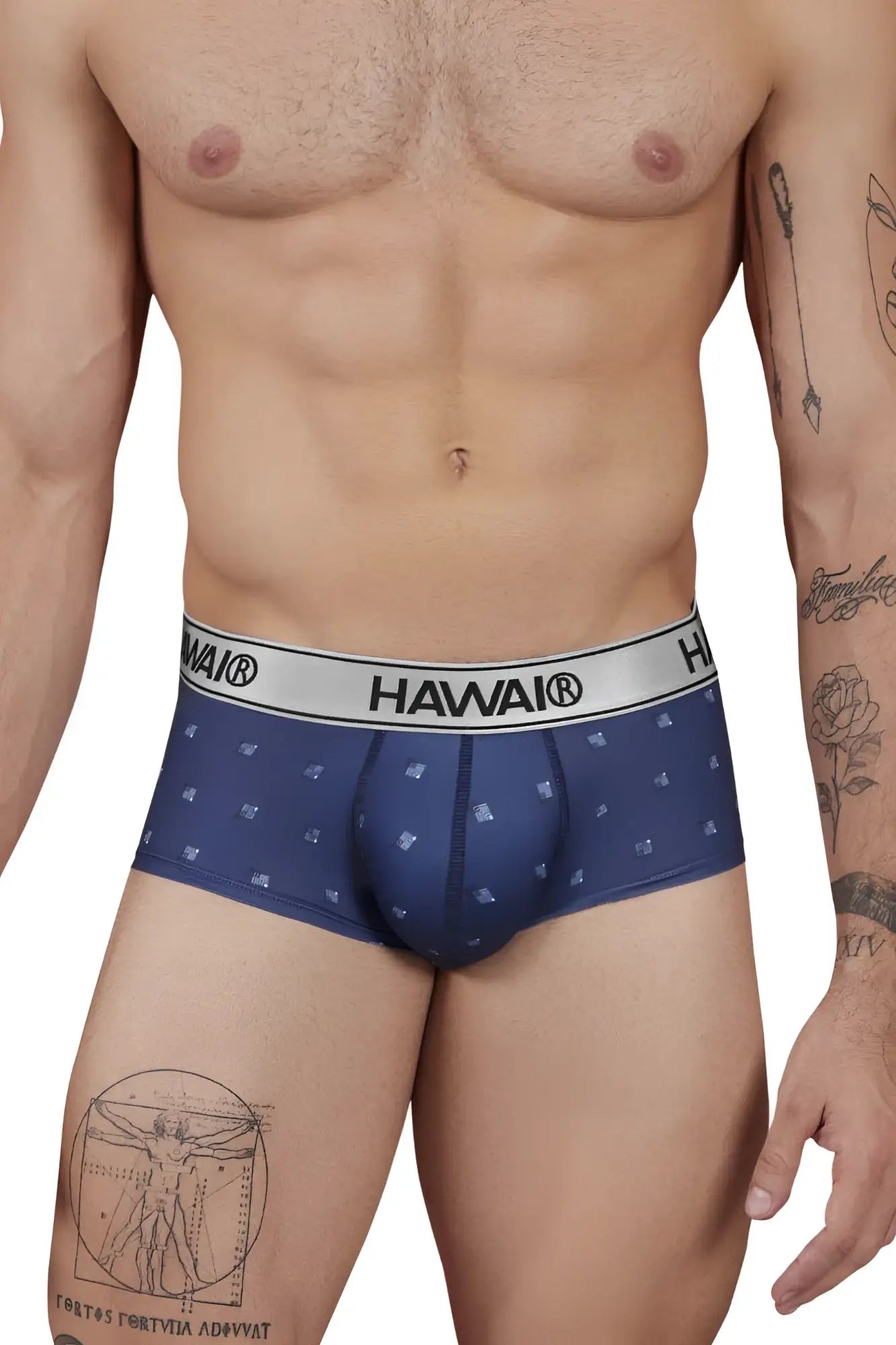 Navy blue hawai boxer briefs with a subtle geometric pattern and a white elastic waistband made of microfiber
