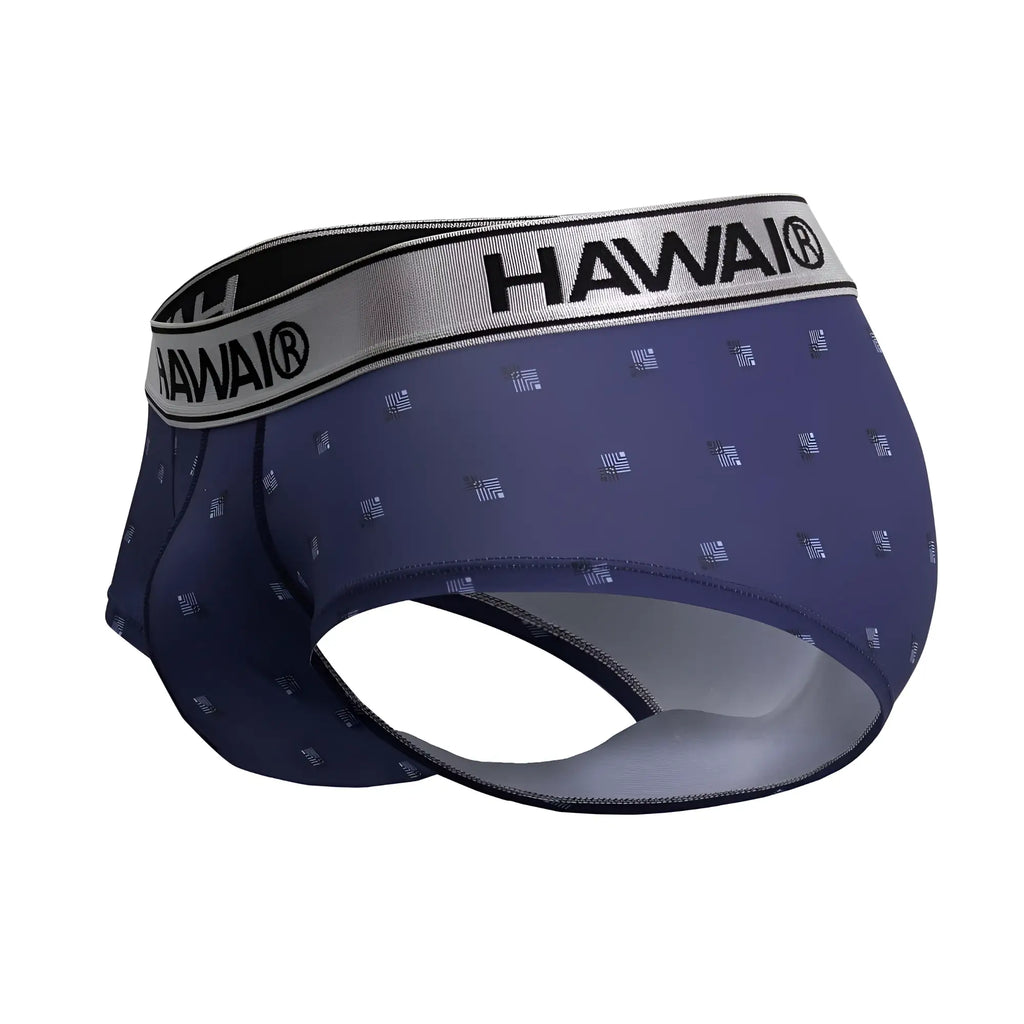 Navy blue hawai printed microfiber briefs with subtle geometric pattern and contrasting silver waistband