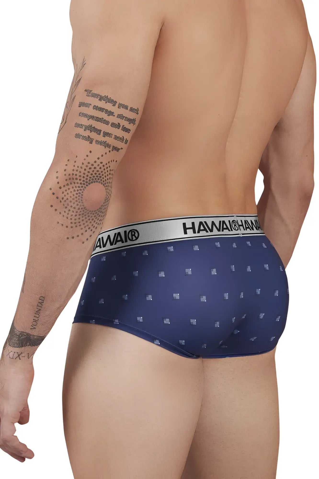 Navy blue hawaiian printed microfiber briefs with subtle white pattern and silver hawaiian waistband