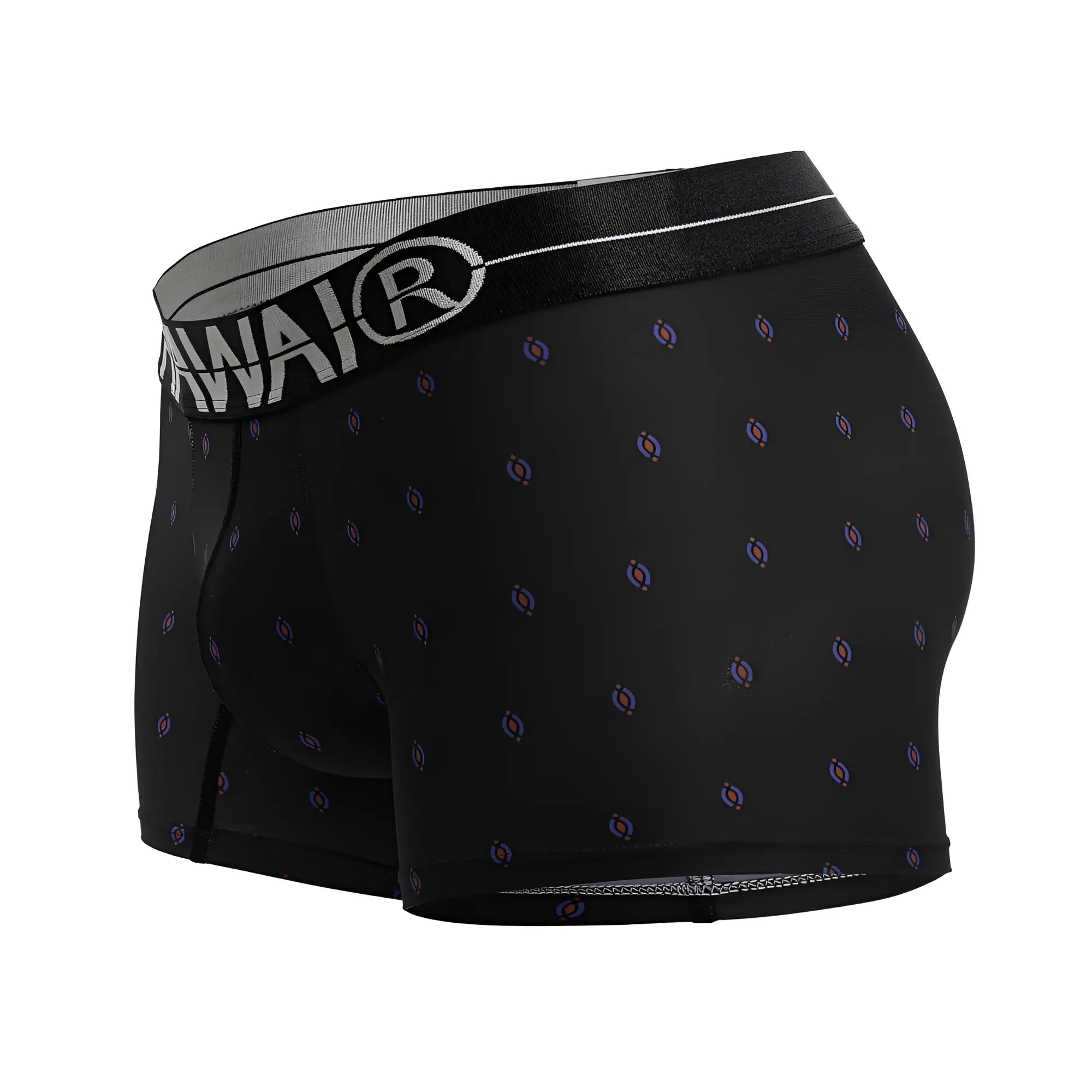 Black HAWAIR 42520 printed microfiber boxer briefs with purple blue circular motifs and gray waistband with wai logo