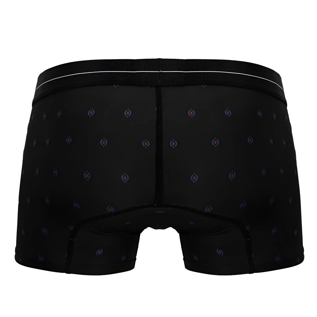 Black hawair 42520 printed microfiber trunks with subtle purple and blue geometric shapes and white waistband trim