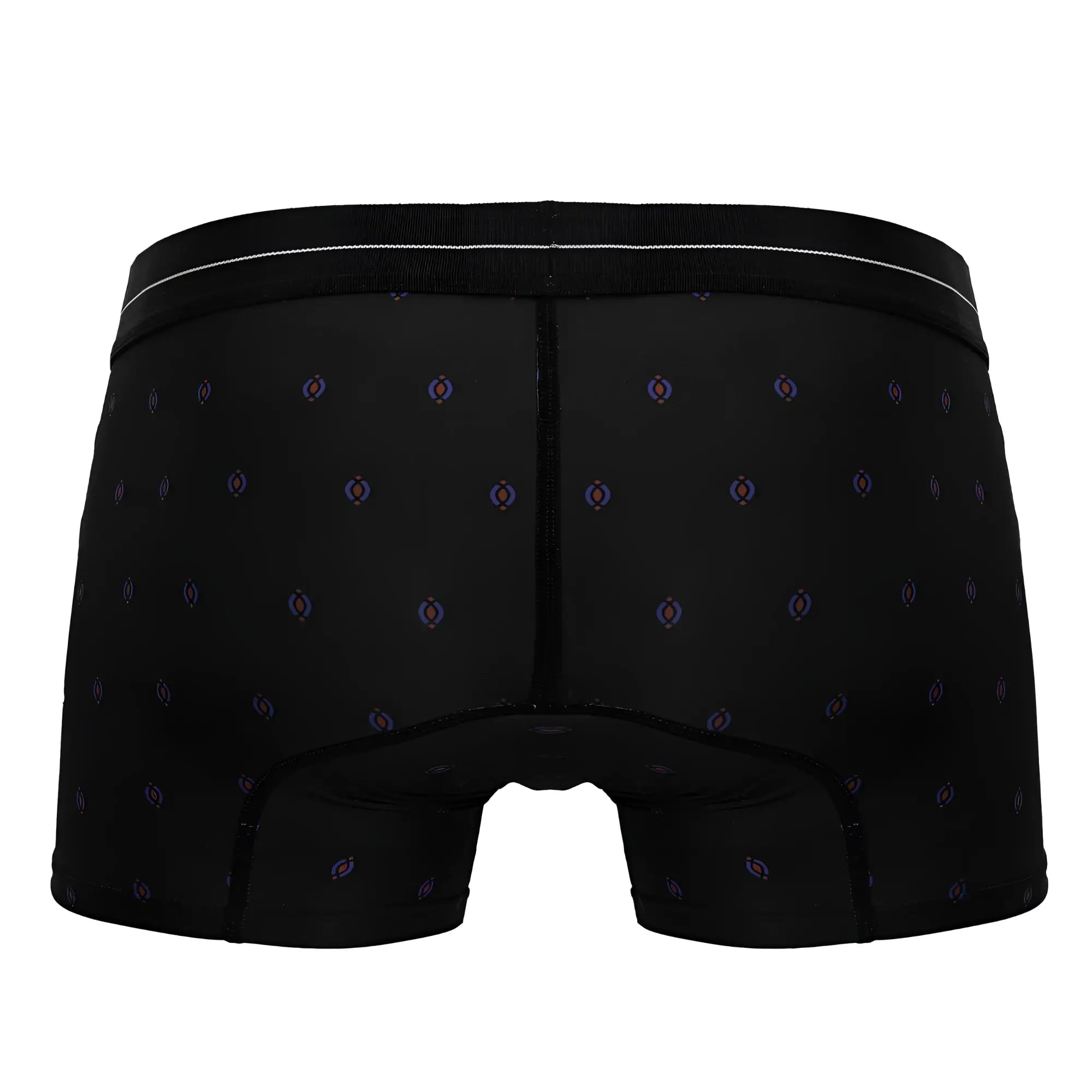 Black hawair 42520 printed microfiber trunks with subtle purple and blue geometric shapes and white waistband trim