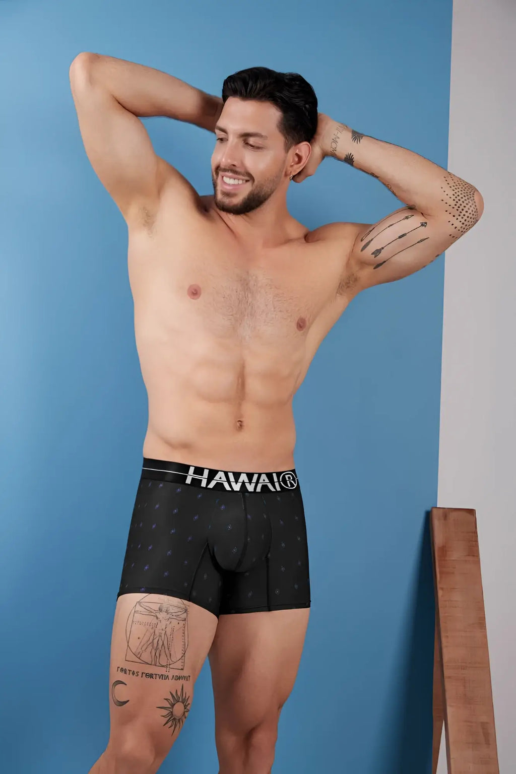 Black hawaiian boxer briefs with subtle dot pattern microfiber trunks featuring white hawaii waistband print