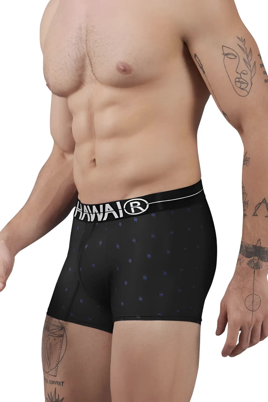Black hawaiian boxer briefs hawair 42520 with blue dot pattern and white logo microfiber waistband in black