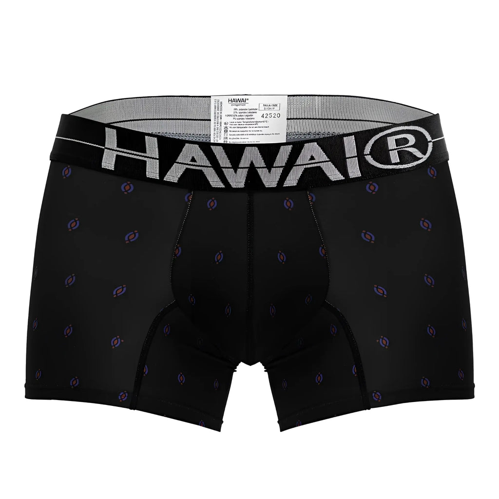 Black hawaiian boxer briefs with subtle purple and blue pattern and bold white hawaii logo on elastic waistband