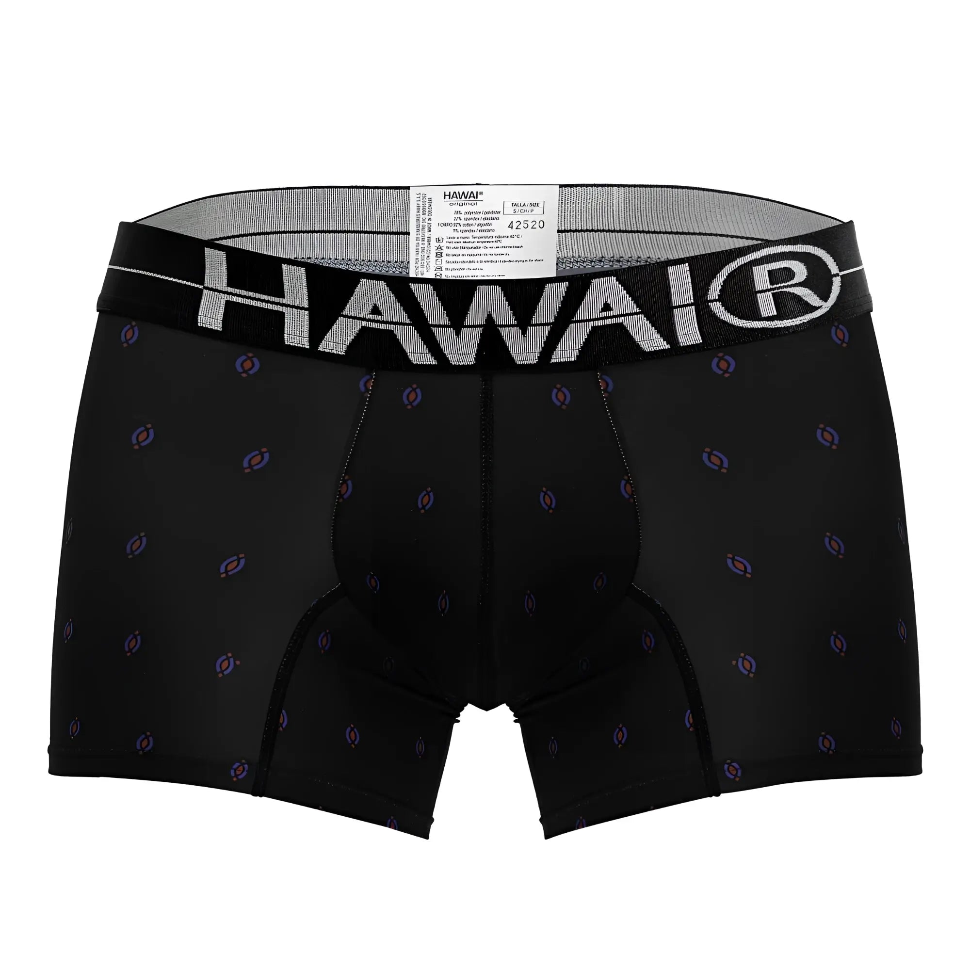 Black hawaiian boxer briefs with subtle purple and blue pattern and bold white hawaii logo on elastic waistband
