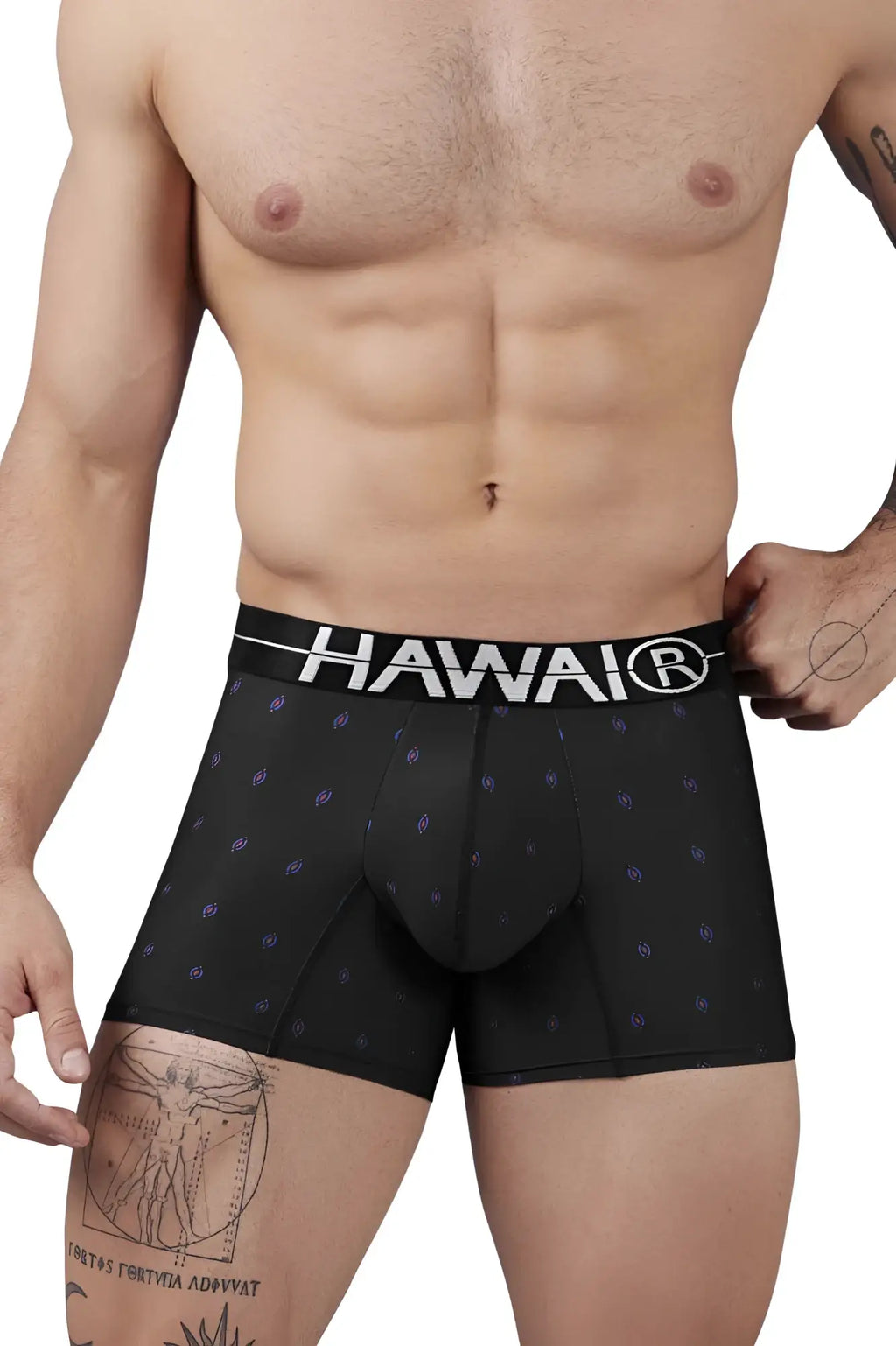 Black hawaiian microfiber boxer briefs with white elastic hawaii logo waistband and subtle purple dot pattern