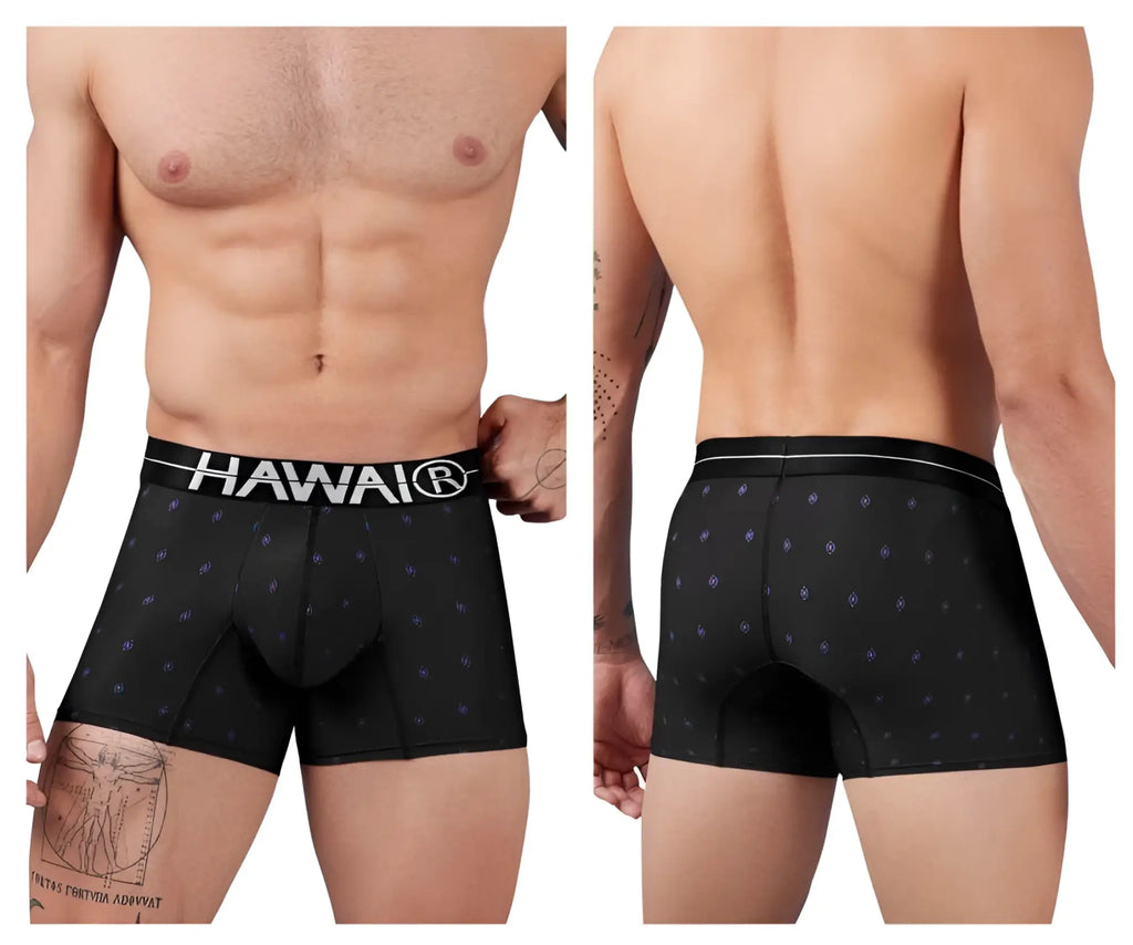 Black hawaiian boxer briefs with white hawaii® waistband and blue diamond patterns made of printed microfiber