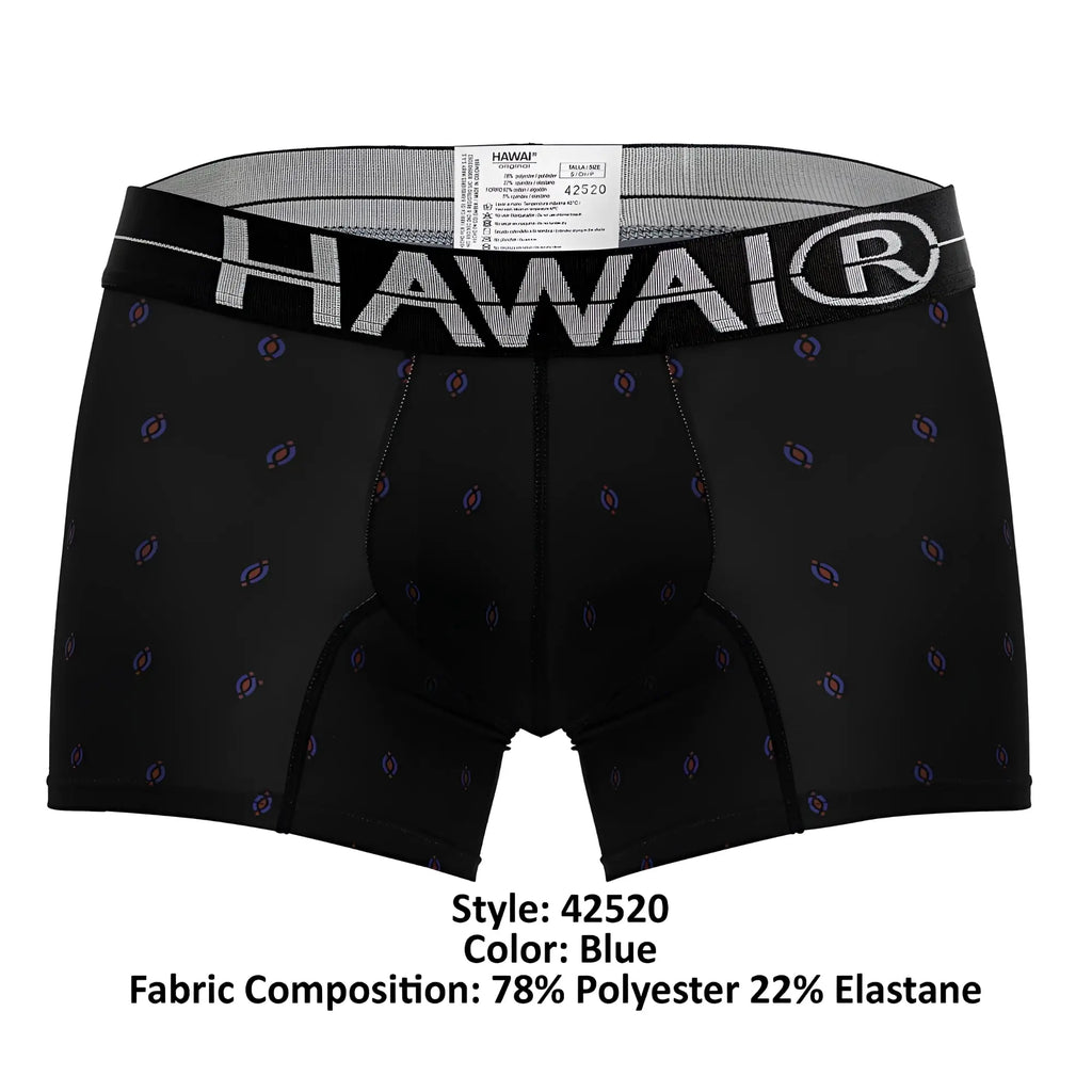 Black hawai printed microfiber boxer briefs with gray waistband and purple blue circular patterns in trunks style