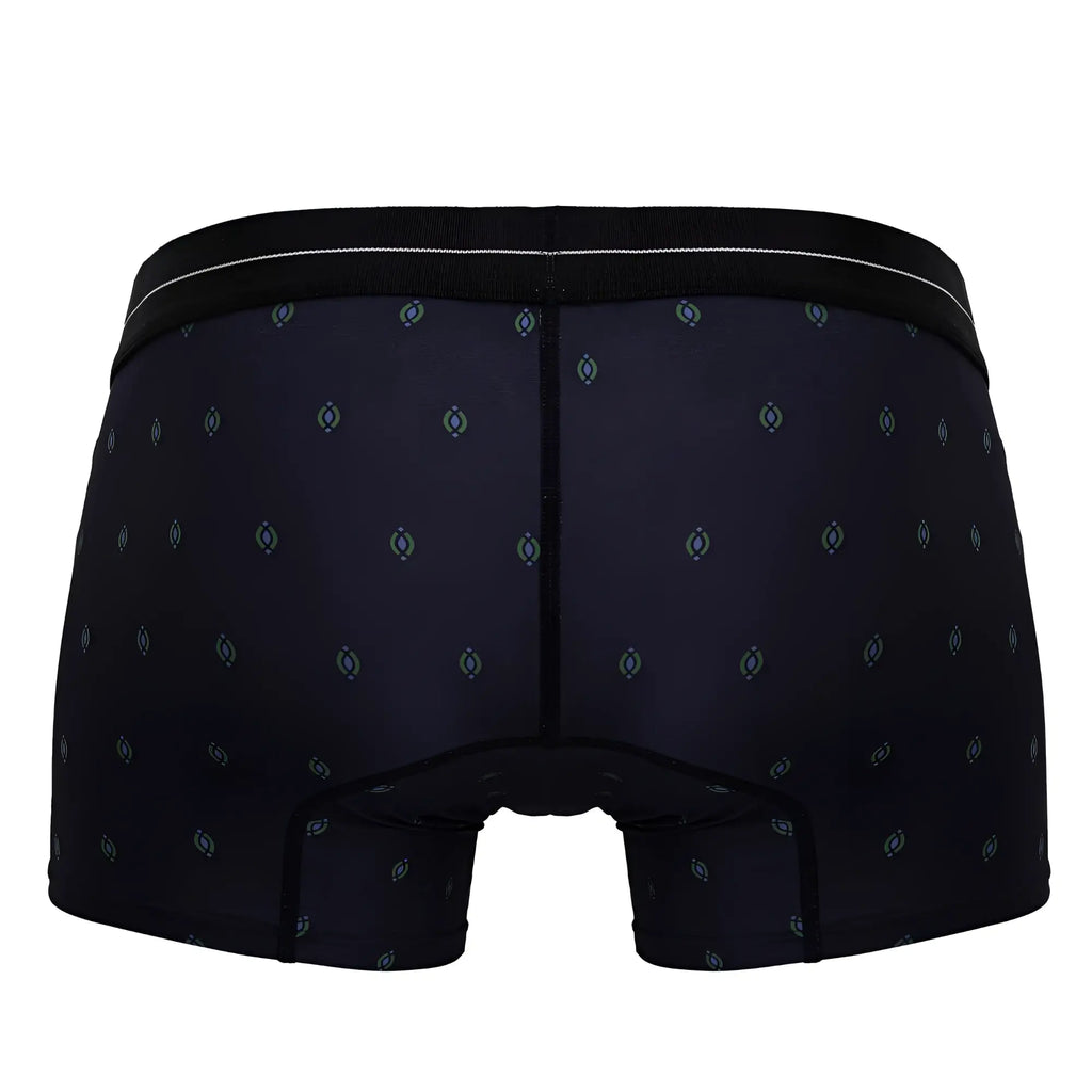 Black hawair 42520 printed microfiber trunks with light blue gray geometric pattern and black waistband with white stripe