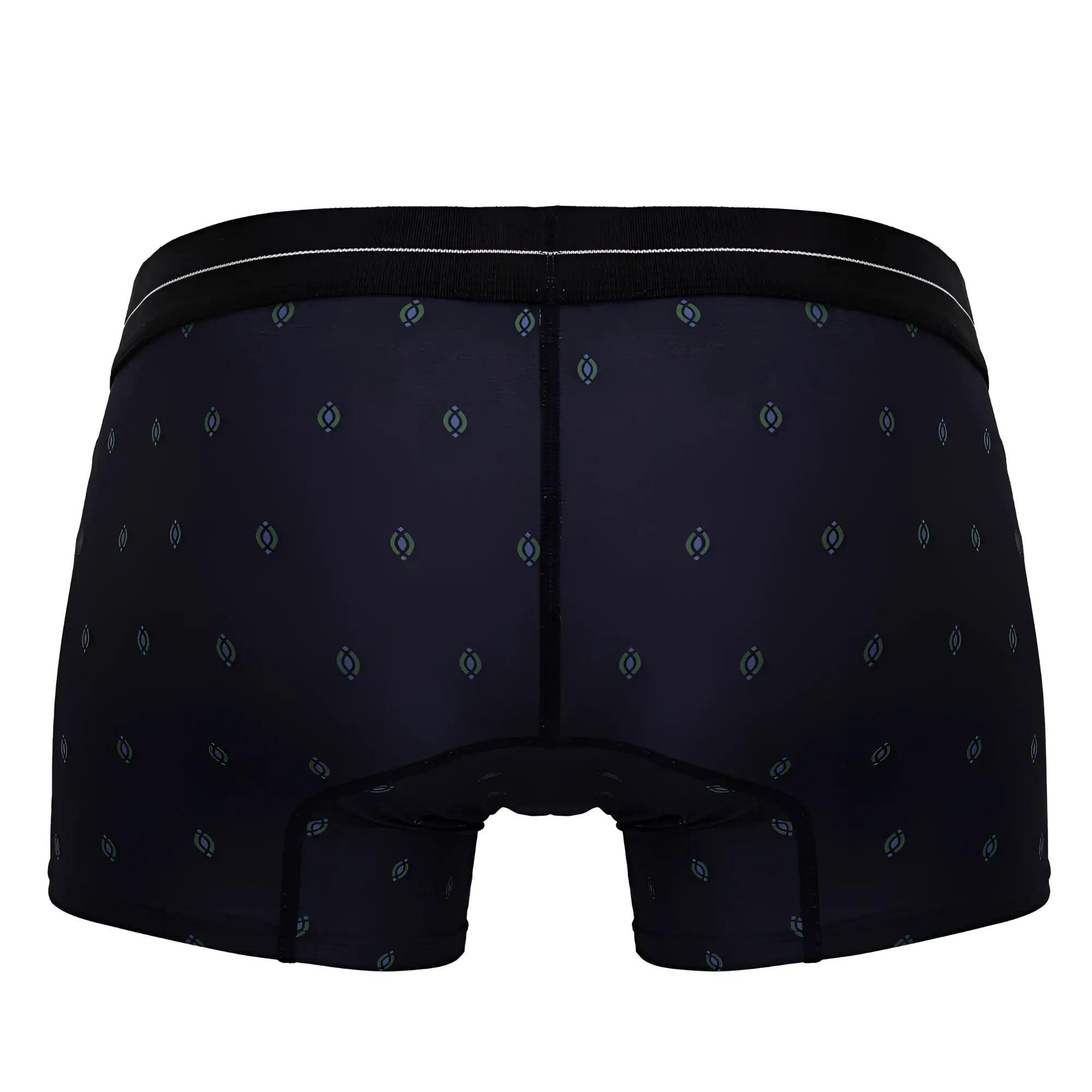 Black hawair 42520 printed microfiber trunks with light blue gray geometric pattern and black waistband with white stripe