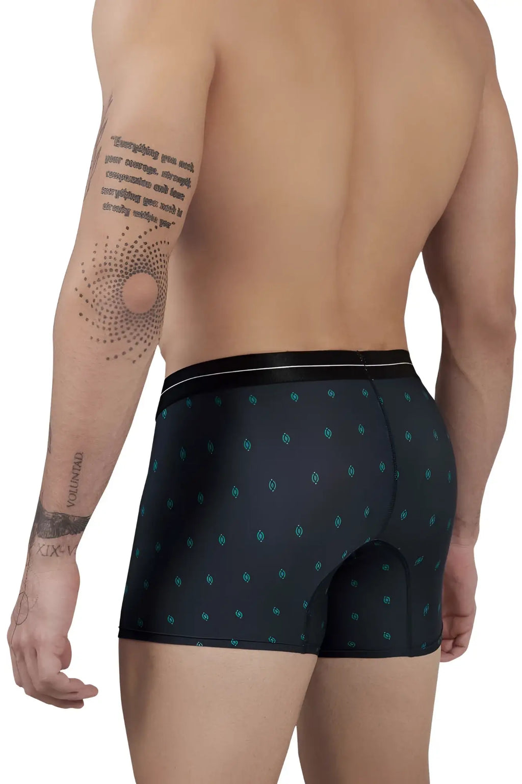 Black hawair 42520 printed microfiber trunks with a subtle teal geometric pattern and black waistband in dark blue