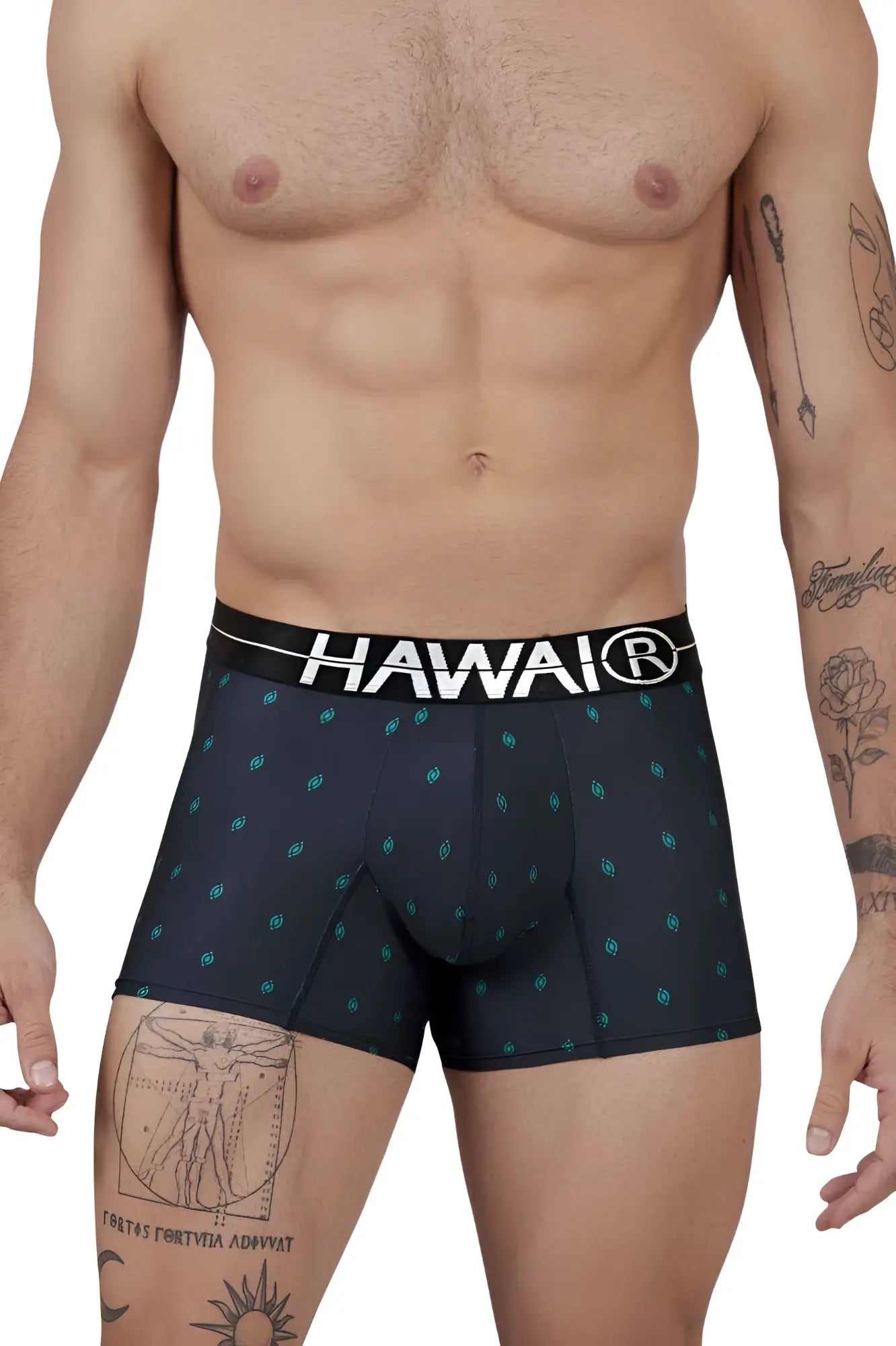 Black hawair 42520 microfiber boxer briefs with white waistband and teal leaf pattern on dark blue fabric