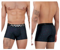 Black hawaiian microfiber boxer briefs with teal leaf patterns and white hawaii waistband in dark blue color
