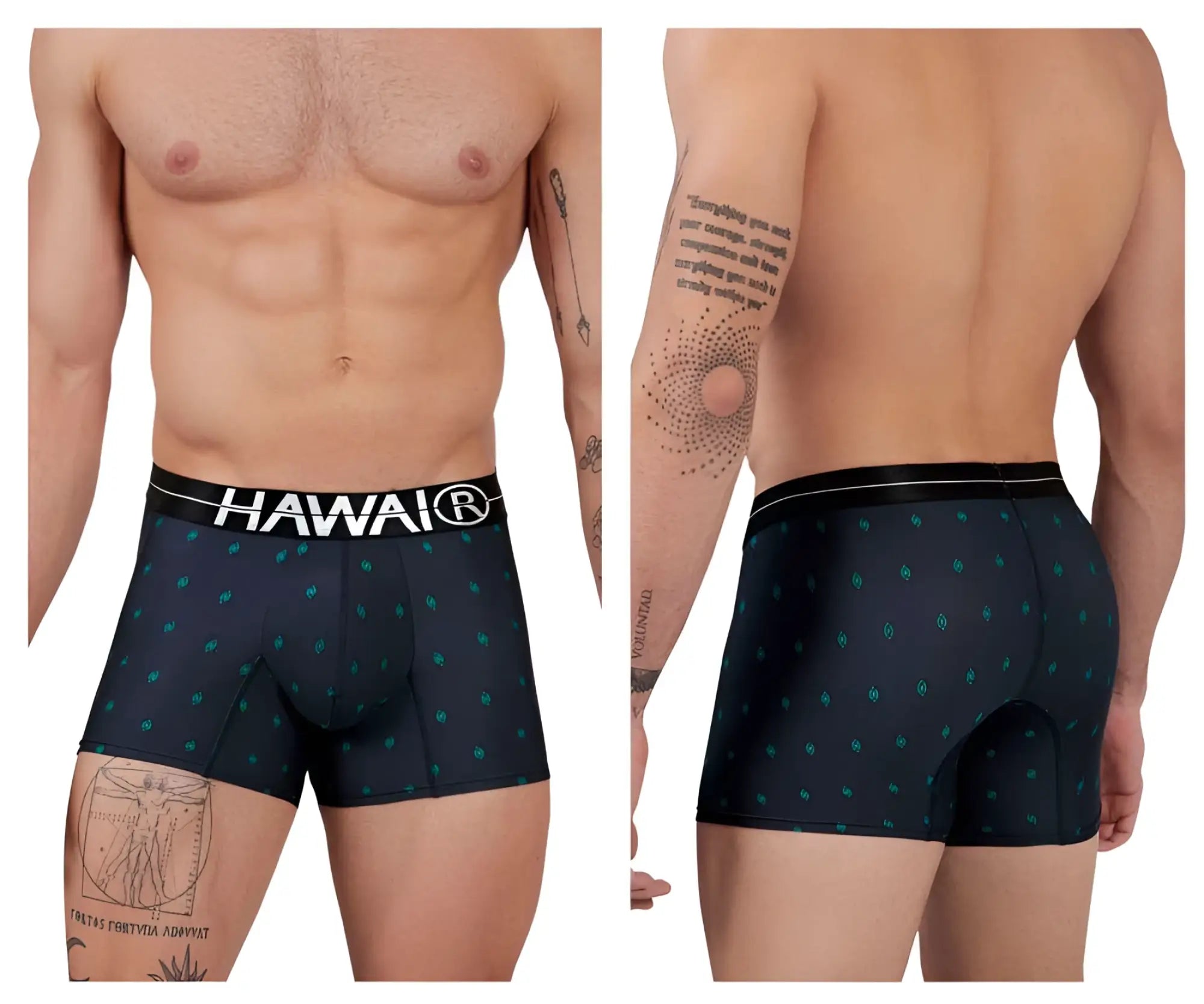 Black hawaiian microfiber boxer briefs with teal leaf patterns and white hawaii waistband in dark blue color