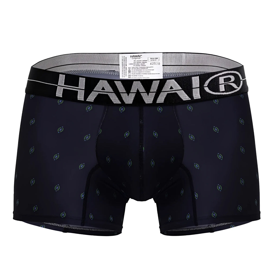 Black hawaiian boxer briefs with subtle gray pattern and white hawaii branding on waistband in dark blue microfiber