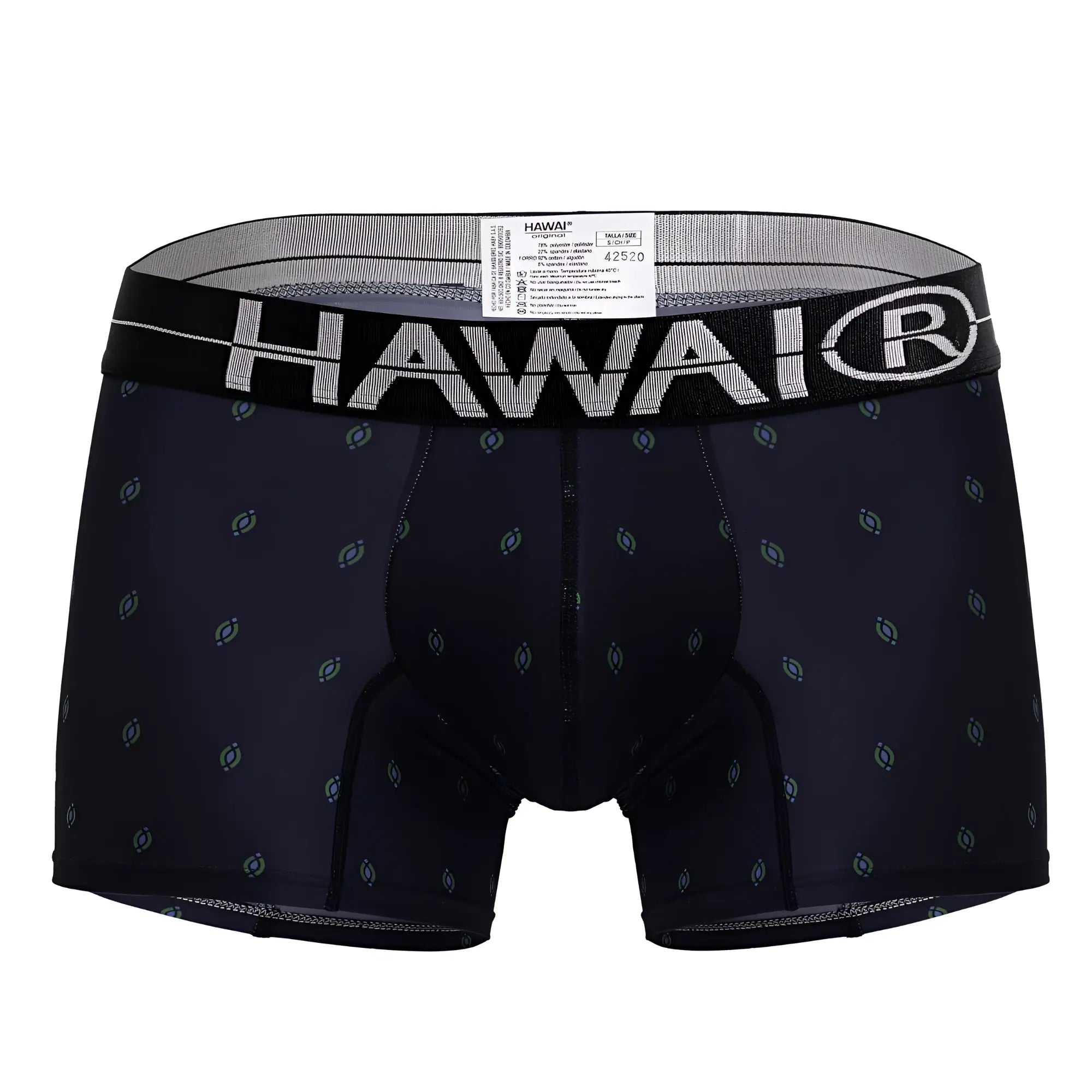 Black hawaiian boxer briefs with subtle gray pattern and white hawaii branding on waistband in dark blue microfiber