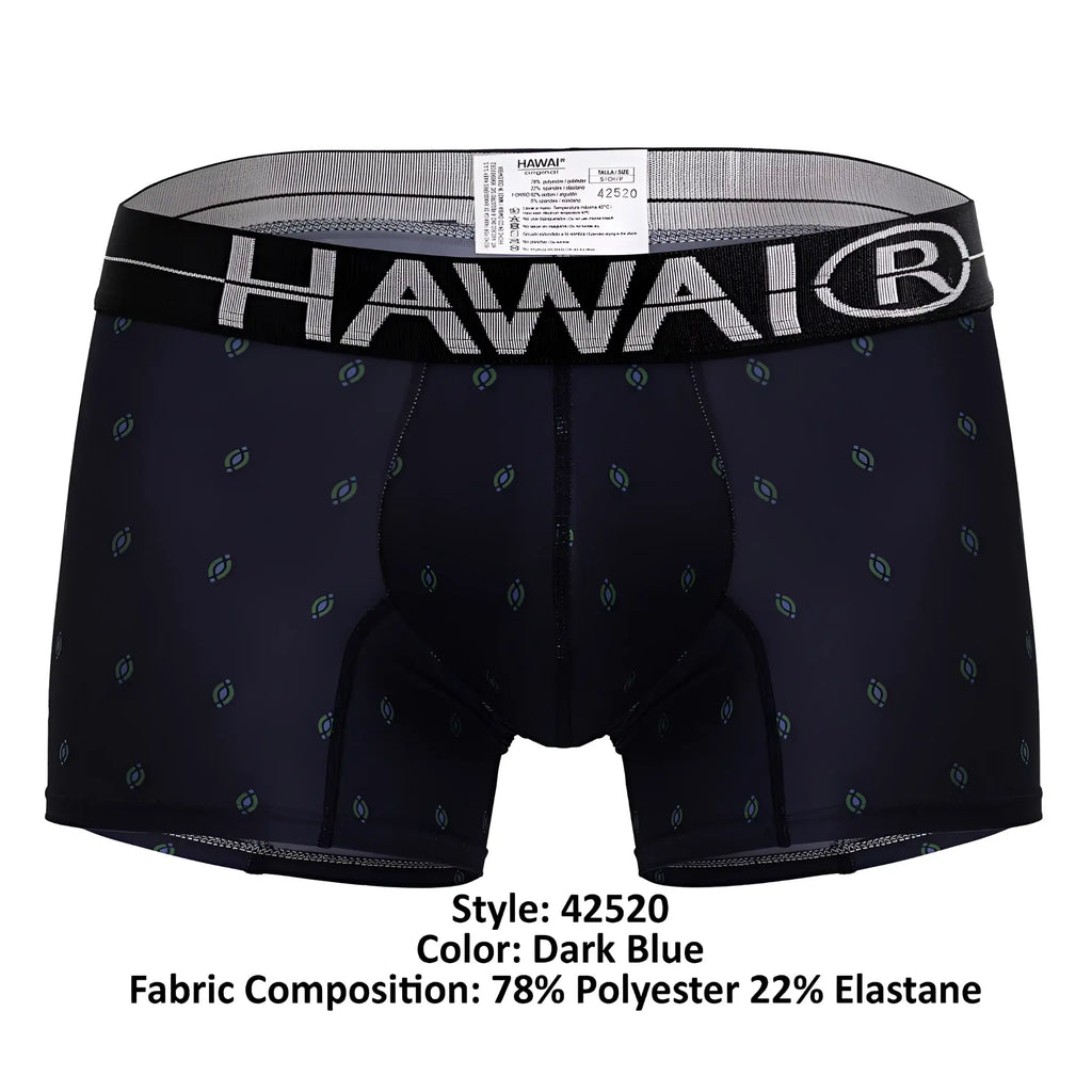 Dark blue hawaiian microfiber boxer briefs with light gray oval pattern and black waistband featuring brand name