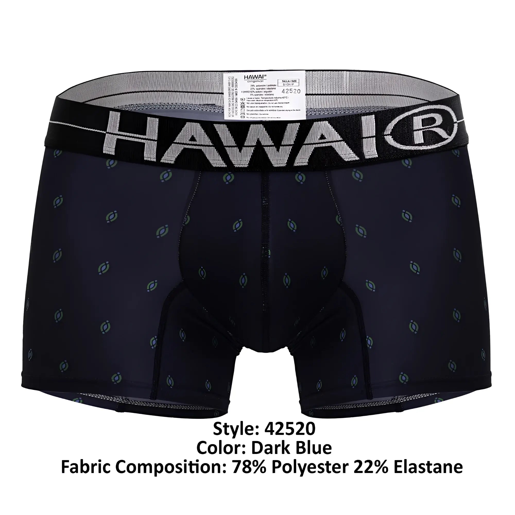 Dark blue hawaiian microfiber boxer briefs with light gray oval pattern and black waistband featuring brand name