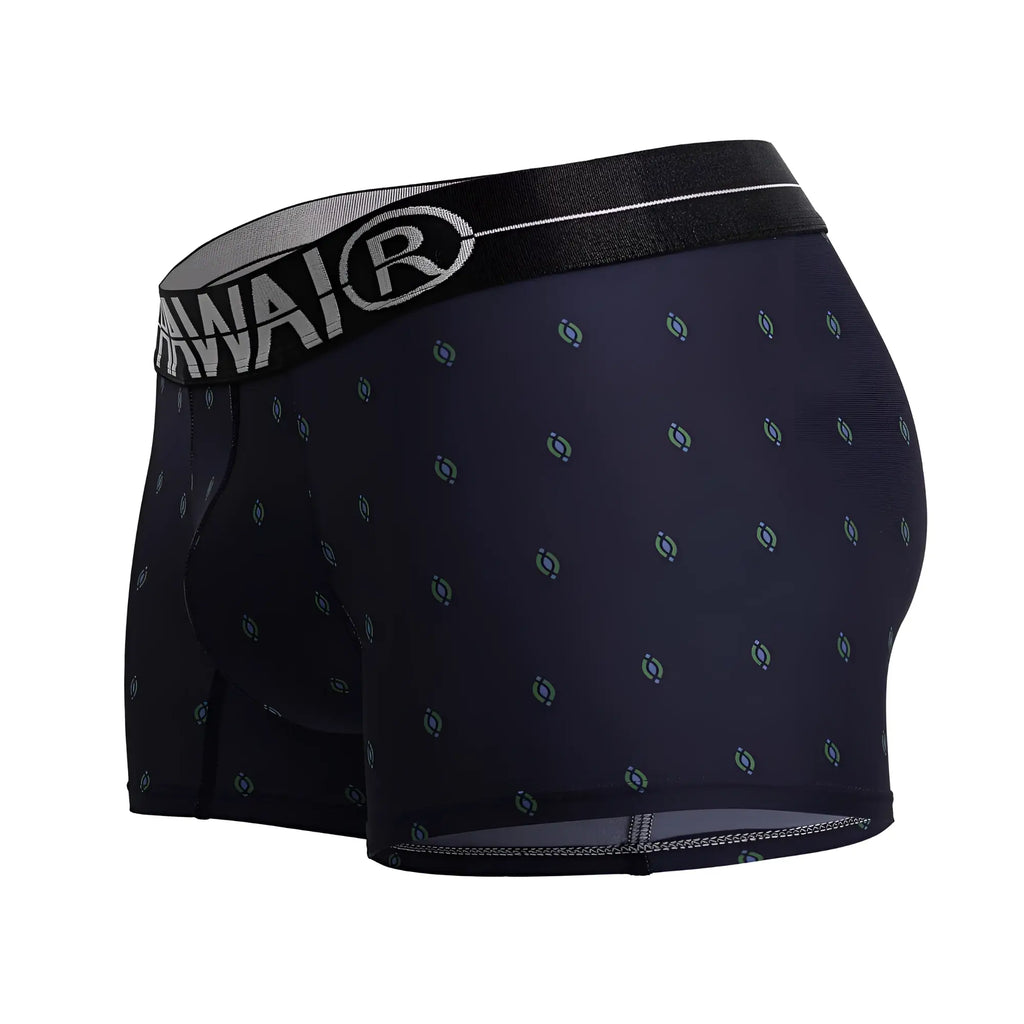 Dark navy hawair 42520 printed microfiber trunks with light blue and gray circular motifs and black awai waistband