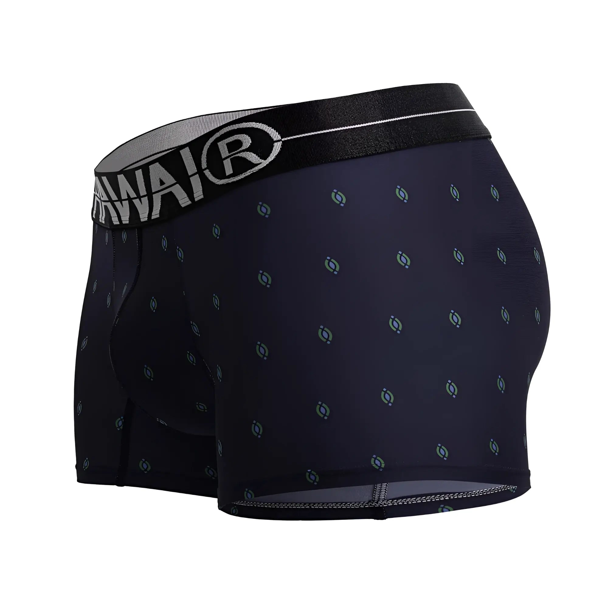 Dark navy hawair 42520 printed microfiber trunks with light blue and gray circular motifs and black awai waistband