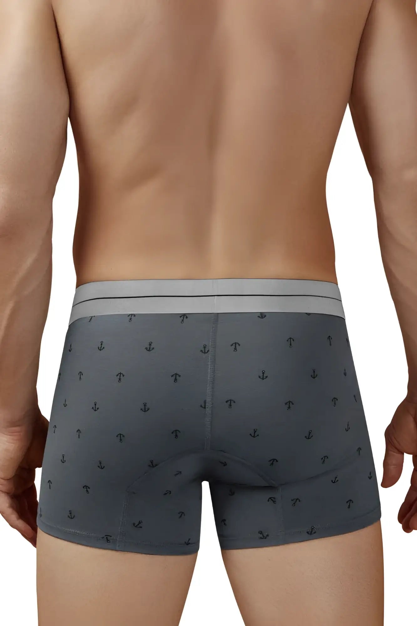 Gray cotton blend boxer briefs by hawair with subtle black anchor pattern and light gray waistband
