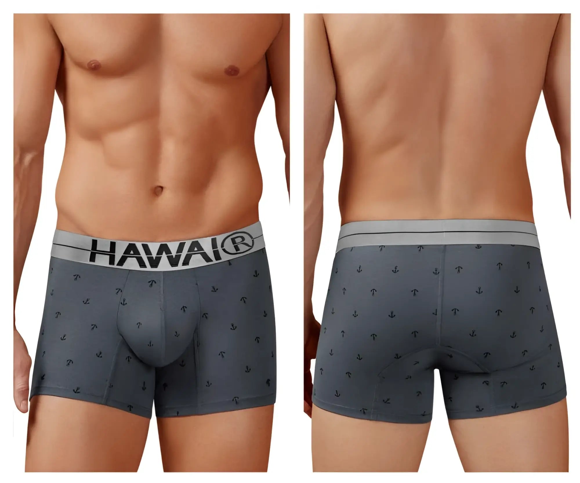 Gray cotton blend boxer briefs with black anchor pattern and white waistband featuring hawaii brand name hawair 42521