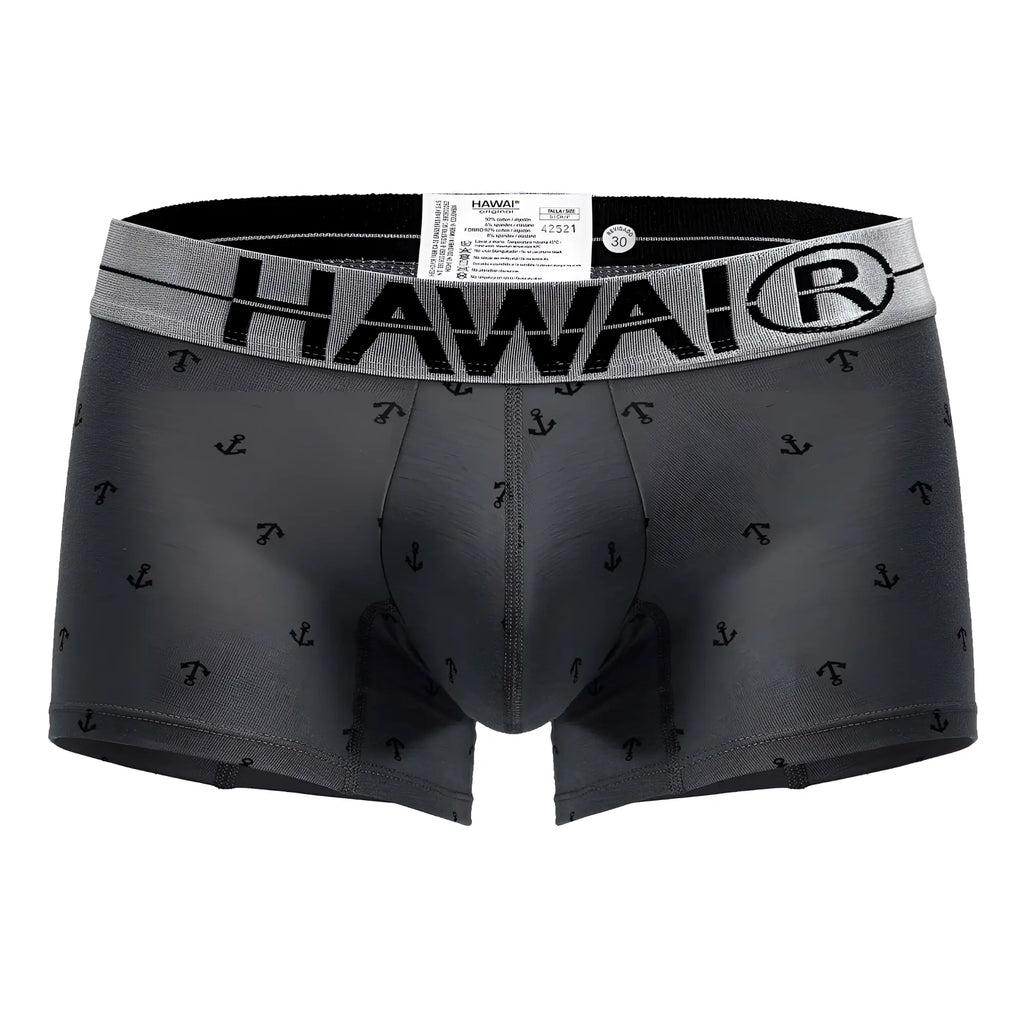 Gray hawai boxer briefs with black anchor pattern and gray waistband featuring brand logo in cotton blend trunks