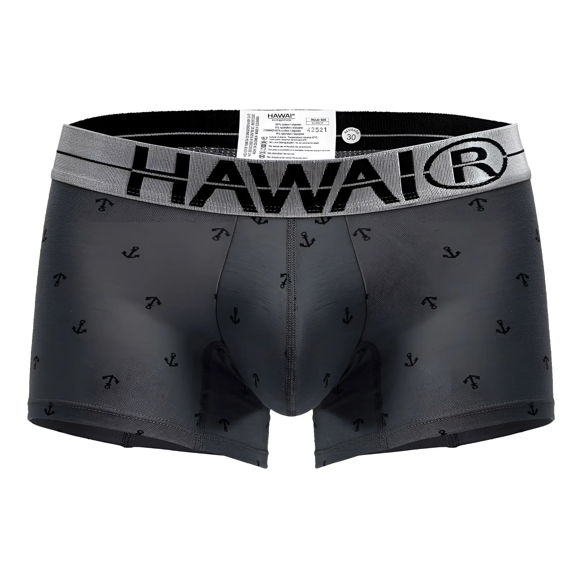 Gray hawai boxer briefs with black anchor pattern and gray waistband featuring brand logo in cotton blend trunks