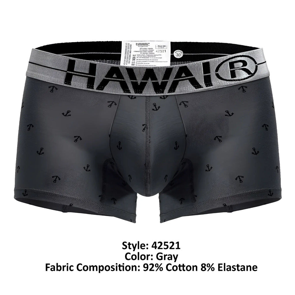 Gray hawai men’s cotton blend boxer briefs with black anchor pattern and elastic waistband in trunks style