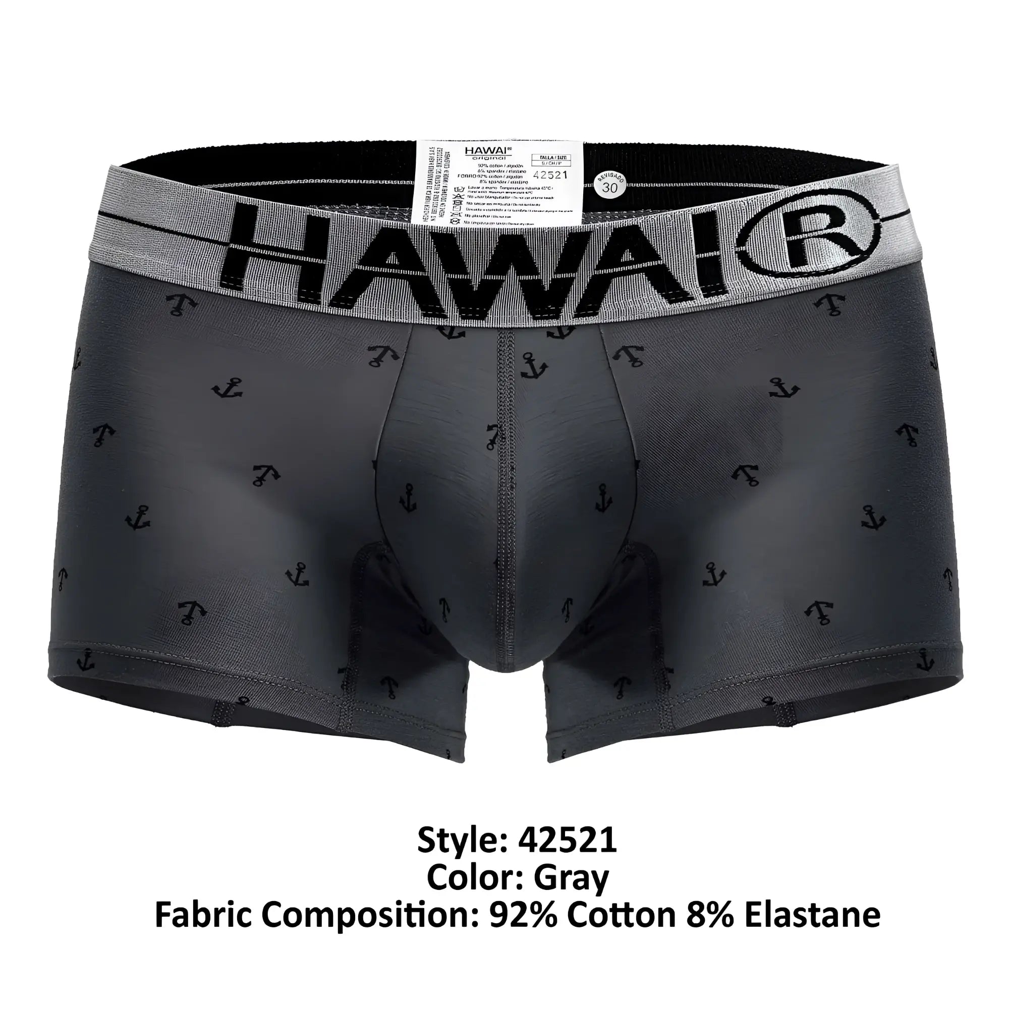 Gray hawai men’s cotton blend boxer briefs with black anchor pattern and elastic waistband in trunks style