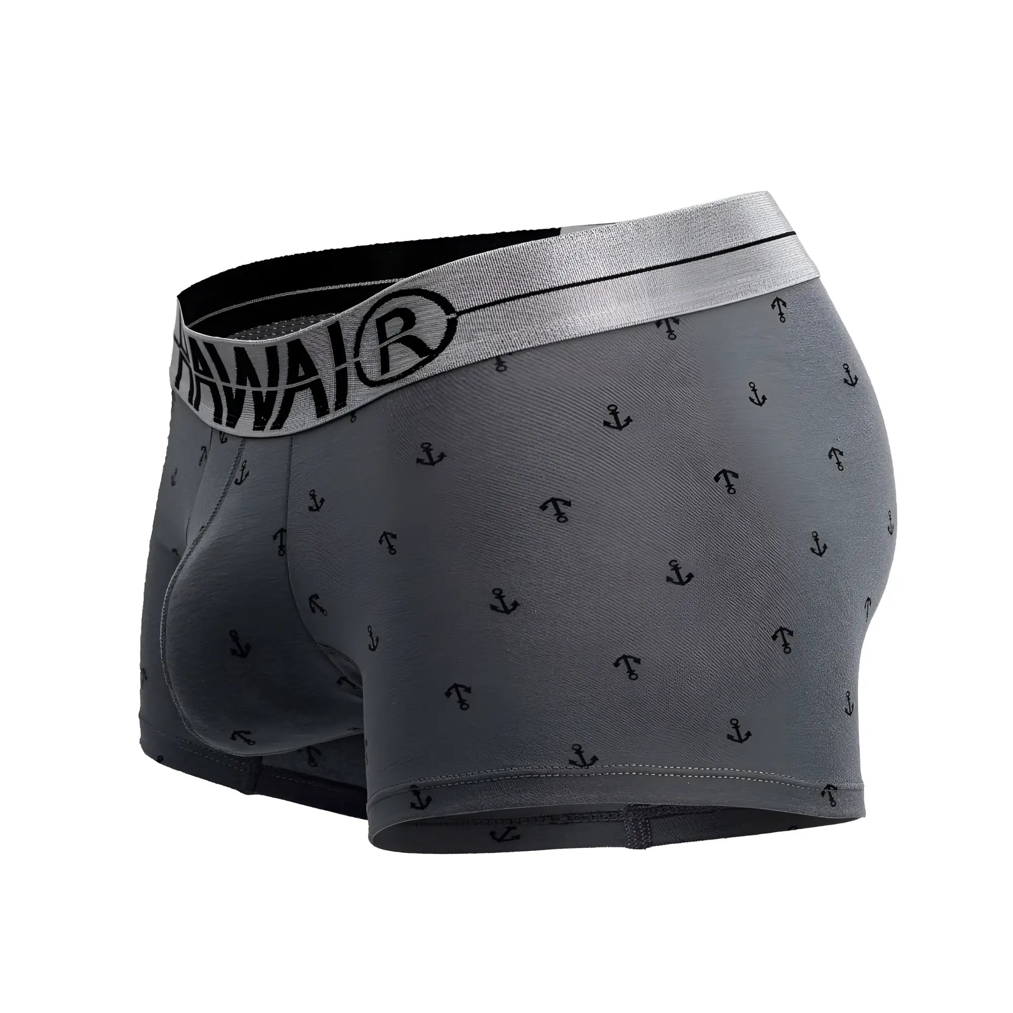 Gray men’s boxer briefs with subtle black anchor pattern and silver waistband featuring hawai brand logo cotton blend trunks