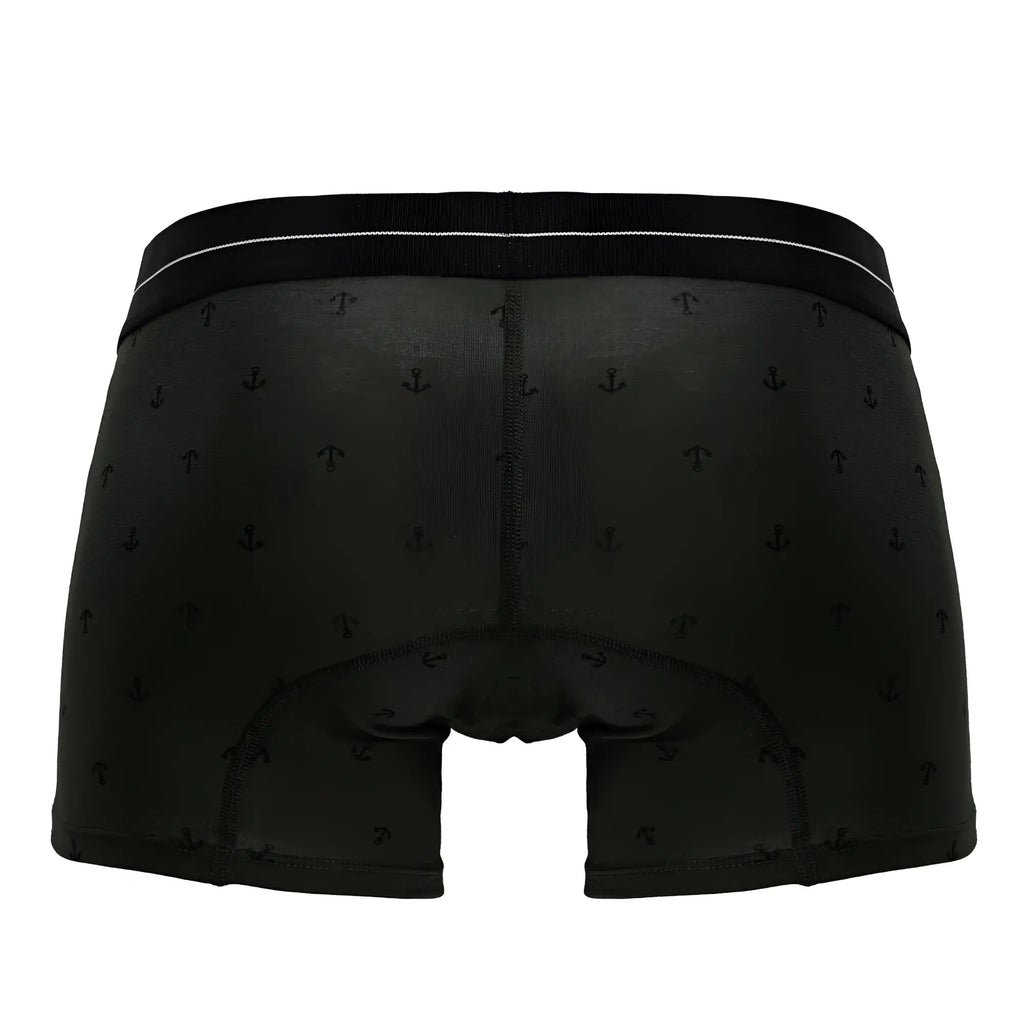 Black boxer briefs with subtle anchor pattern and white waistband trim made from cotton blend featured in hawair 42521 trunks