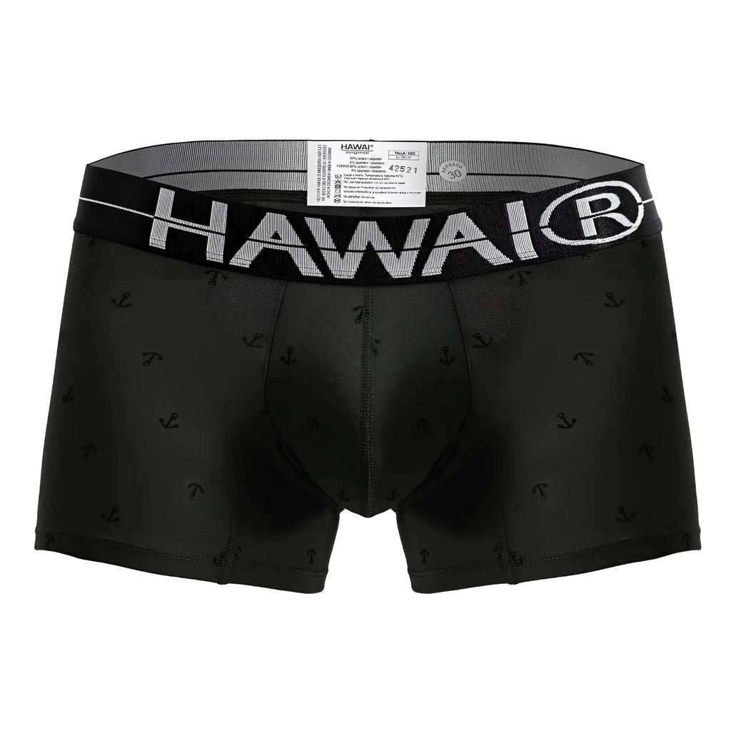 Black hawai men’s boxer briefs in military green cotton blend with subtle anchor pattern and white logo waistband
